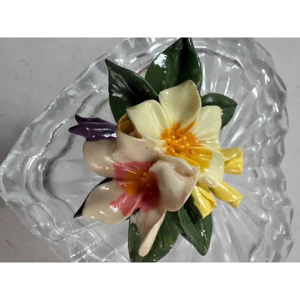Vintage World Showcase Glass Heart Covered Box Floral Porcelain Top